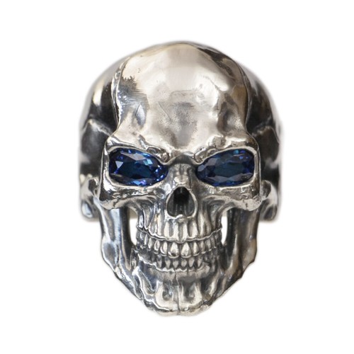 925 Sterling Silver Smile Skull Blue CZ Eyes Biker Ring TA464C UK Size W½ - Picture 2 of 12