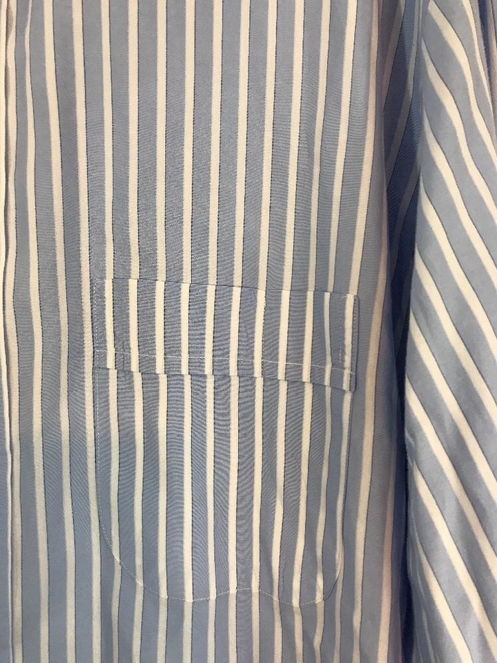 Camisa Tom James Hecha a Medida EE. UU. Talla 51" Azul Blanco Rayas Puño Francés Foto 3 de 4