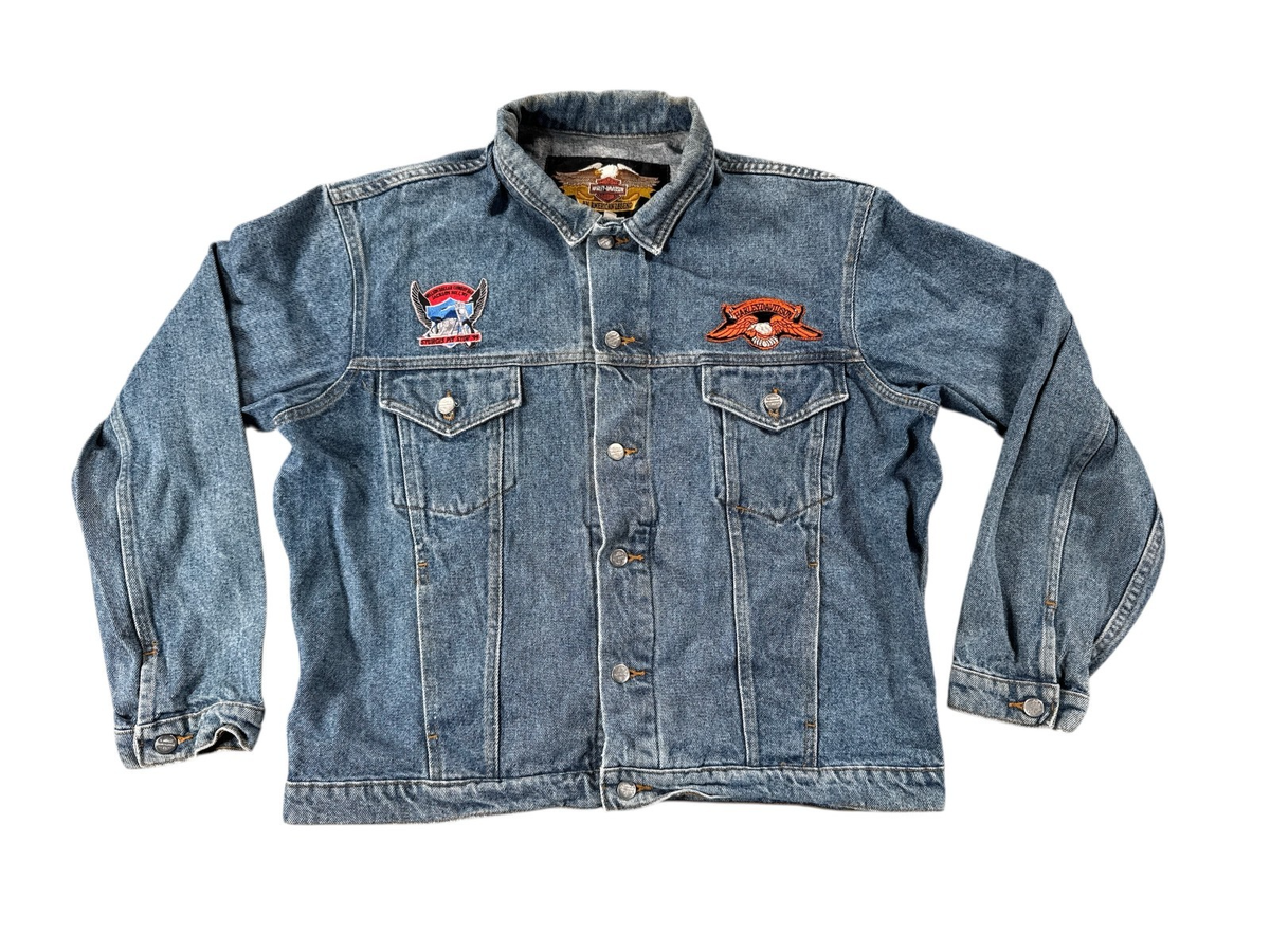 【Harley-Davidson】 Denim Jacket 刺繍 SizeM Vintage Harley Davidson Denim Jacket Mens XL Blue Live to Ride