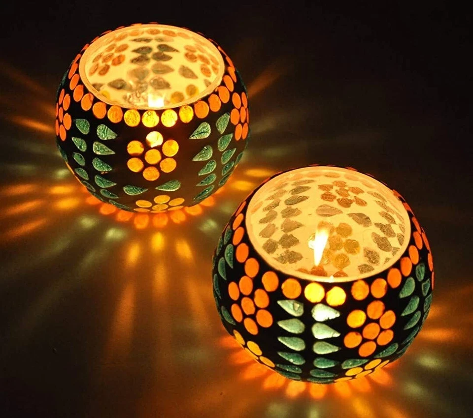 Pack de 2 candelabros votivos de vidrio de mosaico turco para mesa Foto 3 de 4