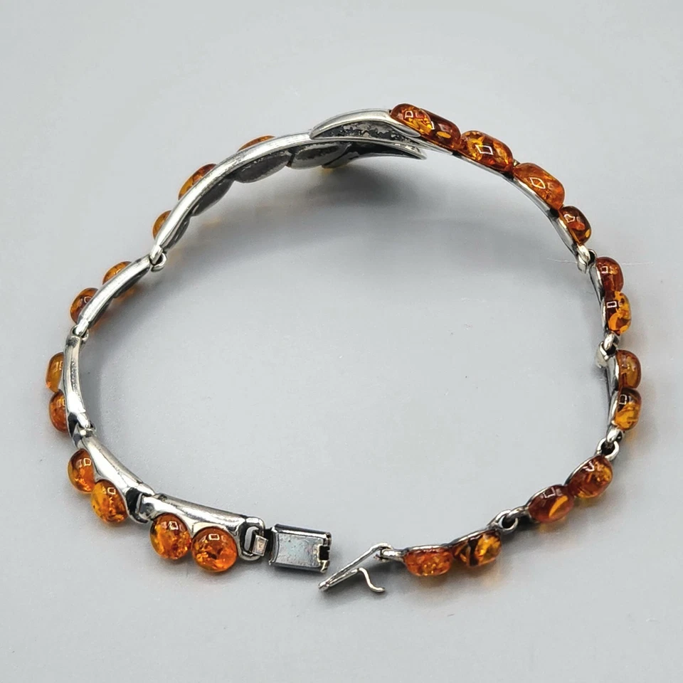 独特现代主义波罗的海琥珀耳钉纯银旁路链手链 7" 14.2 克 — 第 3/4 张图片