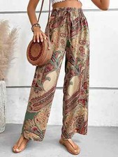 Fashion Vintage Print Wide-leg Pants Women Casual High-waisted Trouser