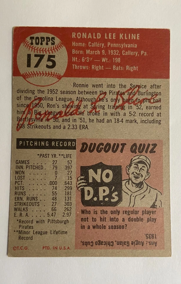 1953 Topps бейсбол лот (2) #19 Mel Parnell EX/MT и #17 Ron Kline (RC) EX  - Изображение 3 из 4