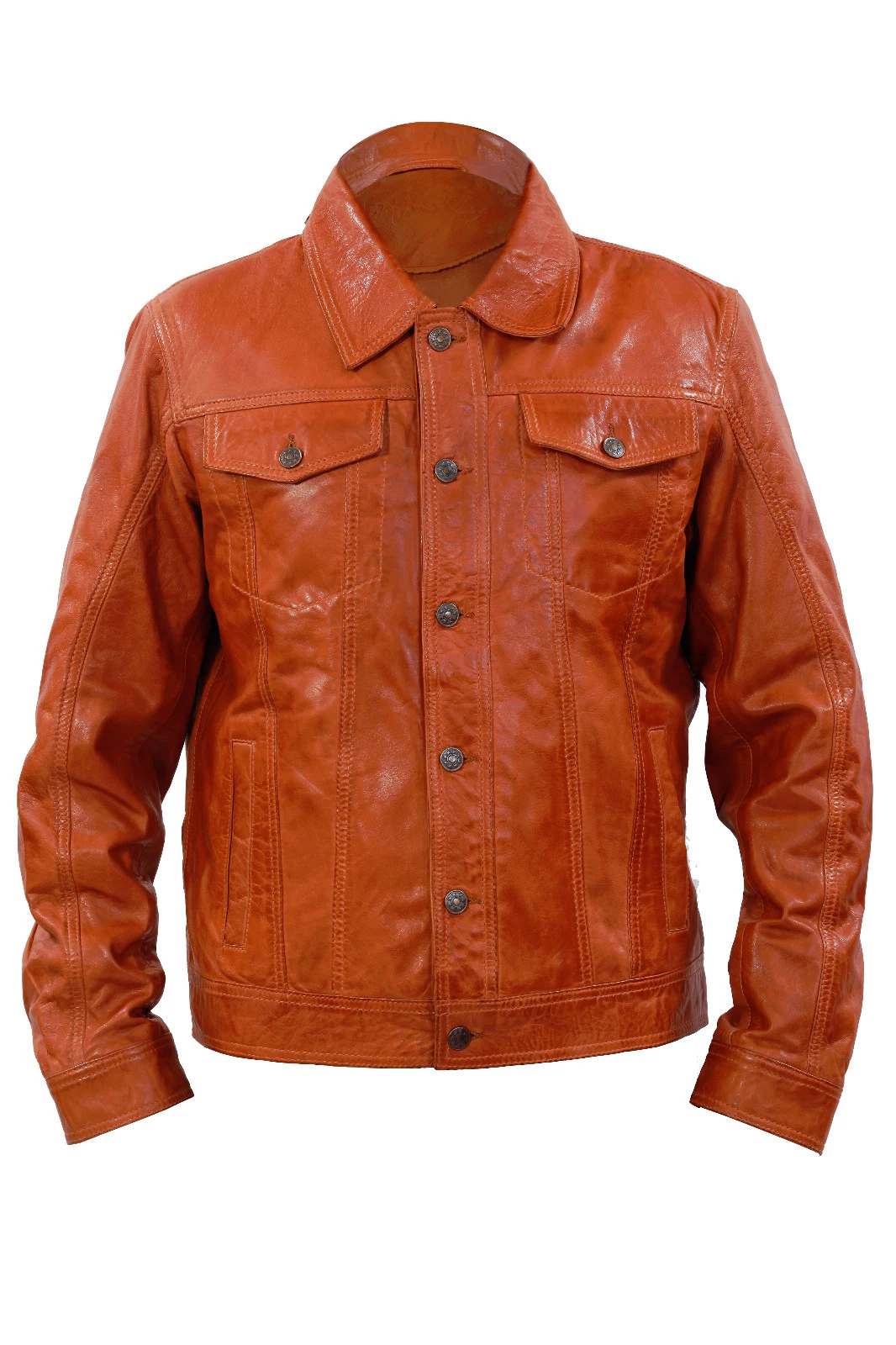 Men's Trucker Slim Fit Casual Tan Leather Shirt Jeans Jacket