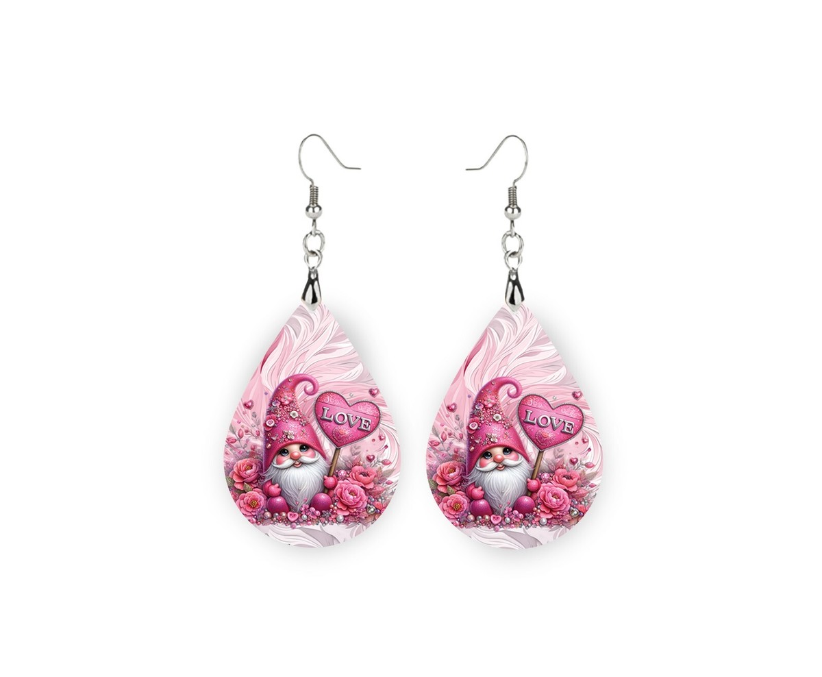 Pink Gnome Love Earrings Handmade Wood Tear Drop Dangle Printed Jewelry