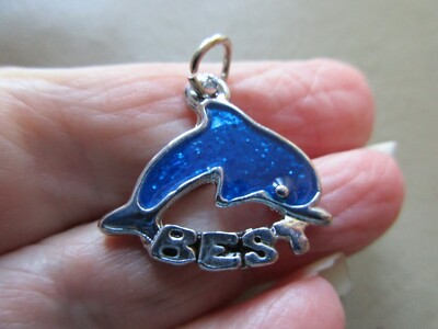 CUTE VINTAGE SILVER TONE BLUE GLITTER ENAMEL BEST WORD DOLPHIN FOB CHARM PENDANT