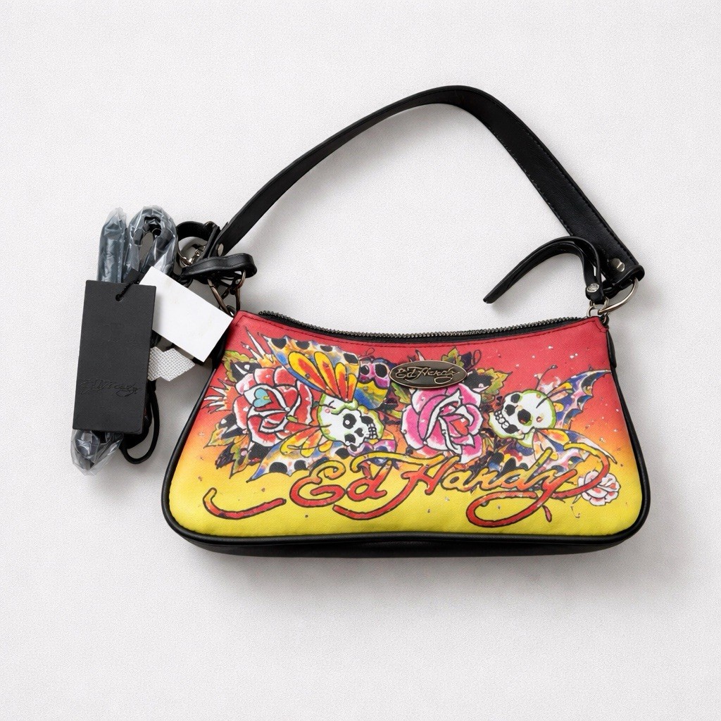 Ed Hardy Studded Graphic Shoulder Bag Skull Butterfly Black Strap
