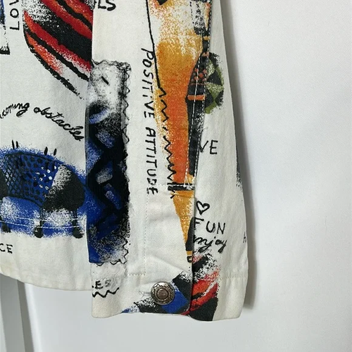Chico’s Women’s Size Small White Colorful Graphic Button-Up Denim Cotton Jacket - Picture 10 of 12