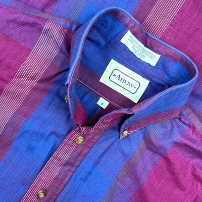 Vintage Arrow Mens Hand Woven Madras Cotton Plaid Button Down Shirt Purple Blue