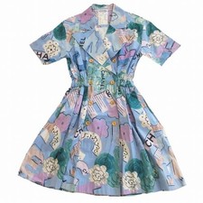 Rare CHANEL Vintage 90s Camellia Shirt Dress Blue Gold Buttons 34 XS