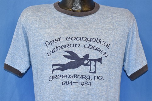 vtg 80s FIRST EVANGELICAL LUTHERAN CHURCH GREENSBURG TRI BLEND RINGER t-shirt M
