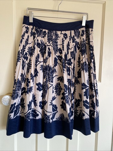 Coast Navy Blue & Pink Floral Pleated Linen & Silk Skirt Size 14