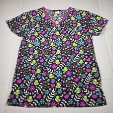 Cassandra O Women's XS Floral Patterned Scrub Top Black Pink Blue Style