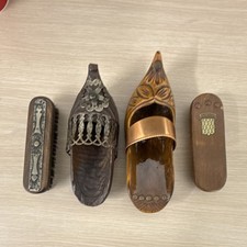 Bretagne Wooden Shoe Brushes  Decorative Shoes Brown Bronze Wood Metal Set