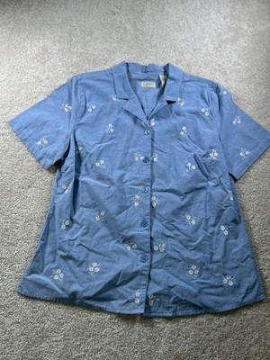 Classic Elements Women's Blue M/M Cotton Button Up Top Floral Embroidered