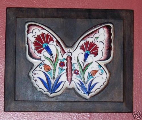Wood Framed Handmade 6" Turkish Iznik Pattern Ceramic Butterfly Wall Hanging - Picture 1 of 1
