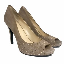 Nine West Women's Suede Peep Toe Heels Pumps Beige Sand Rhinestones Studs US 9M