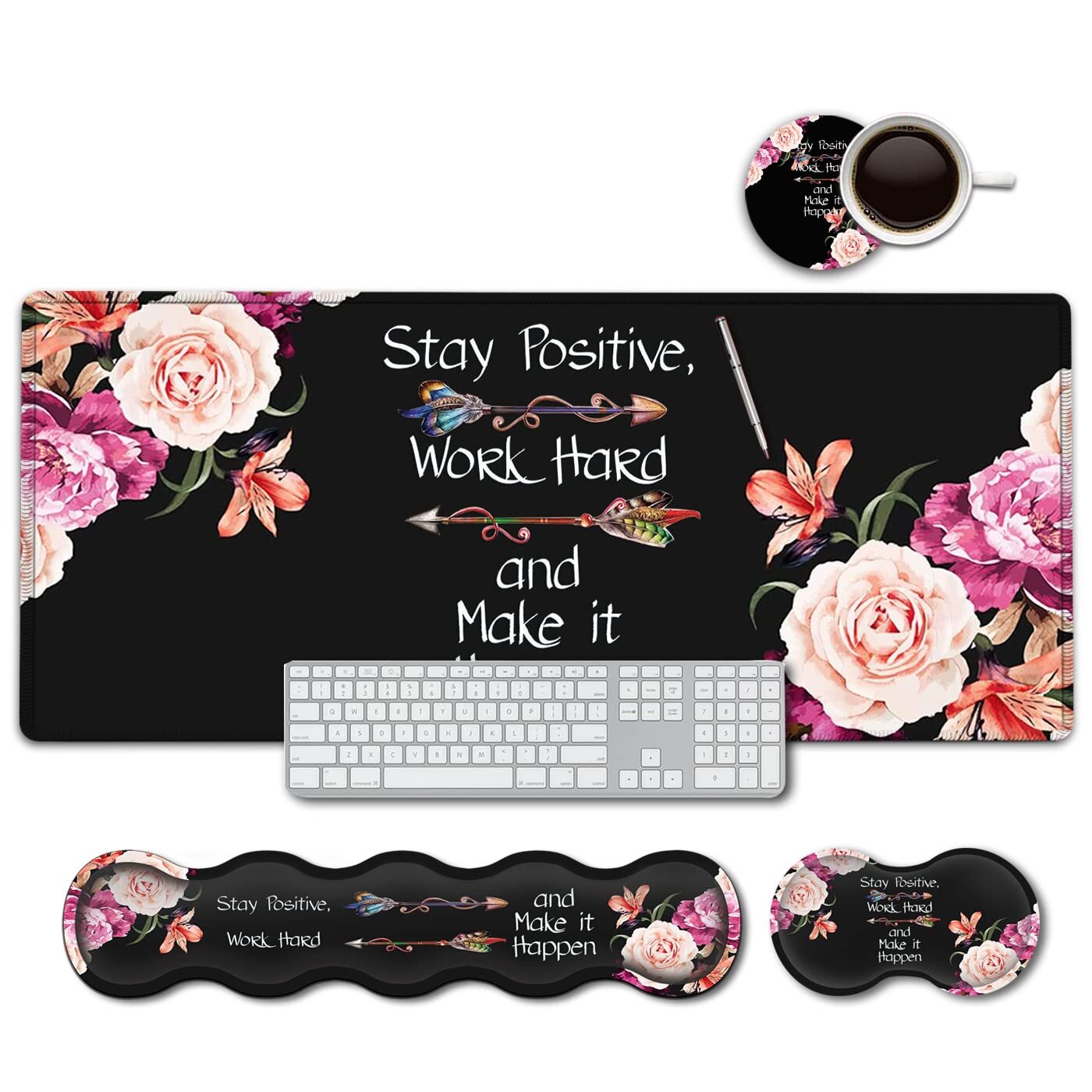 Extended Black Gaming Keyboard Mouse Pad with Wrist Rest Support Set-image