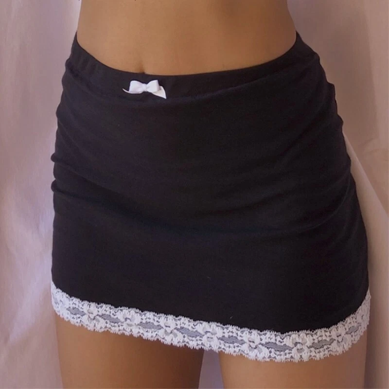 Falda Corta Ajustada De Cintura Alta Para Mujer Minifalda Vintage Lazo De Encaje