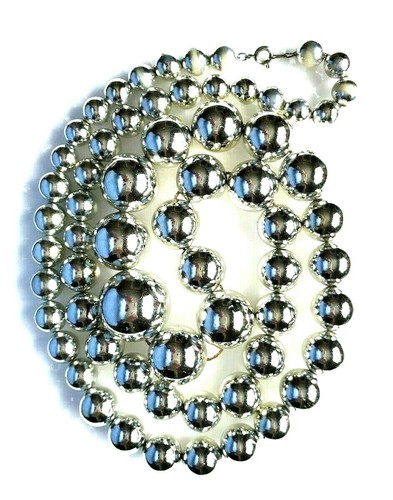 Fashion Silver Graduated Beaded Necklace 36" Statement Silver Toned Chain - Picture 3 of 9