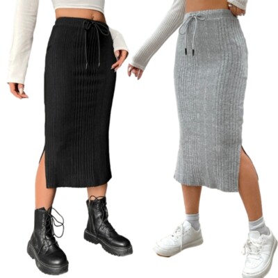 Women Drawstring High Waist Ribbed Knit Sexy Side Split Midi Long Bodycon Skirt