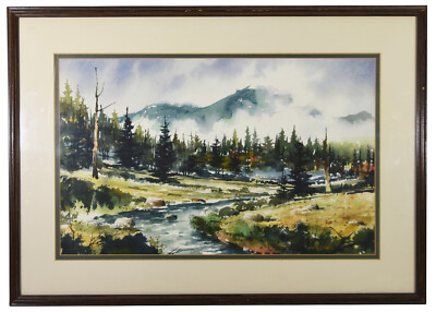 20'' Painting Watercolor RJ Brouse Exquisite Forestscale Creek Summer Sky Clouds