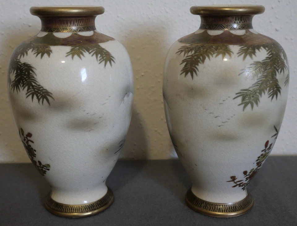Antique Japanese Satsuma Ware Porcelain Kizan Shimazu Vases Pair Asian O G2U - Image 3 of 4