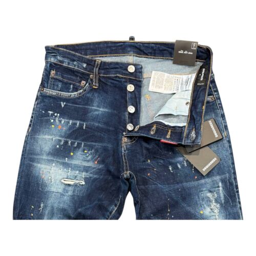 New DSQ2 Cool Guy Slim Jean Men's Stretchy Painted Ripped Washed Blue Jeans - Picture 3 of 4