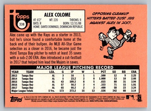 2018 Topps Heritage Base #338 - Alex Colome - Tampa Bay Rays - Picture 2 of 2