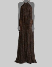 $1095 Halston Women's Brown Marina Leopard Chiffon Pleated Gown Dress Size 2