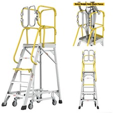 5 Step 375lbs Aluminum Rolling Platform Step Ladder with Safety Guardrail Fence