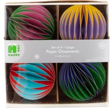 Christmas 3" Colorful Paper Ornaments Set of 4 Large Round Hanging H For Happy