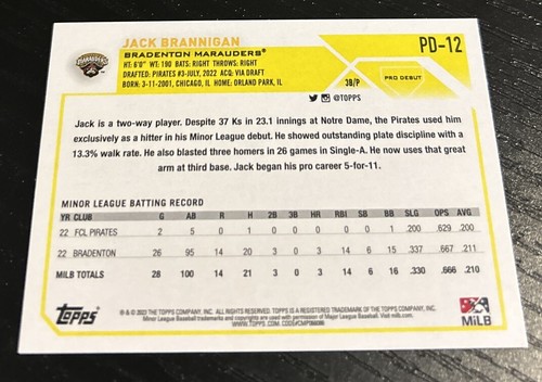 2023 Topps Pro Debut Jack Brannigan #PD-12 - 第 2/2 張圖片