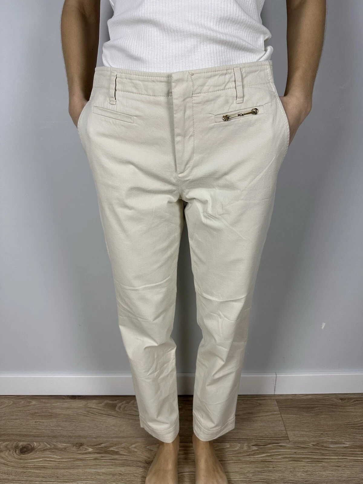 Gucci Pantalon Capri Beige avec Laiton Horsebit Détail Coton 307302 Rare 40 W29