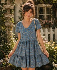 Toad & Co. Marley Tiered Blue Floral Dress Cottagecore Boho Short Sleeve Size XL