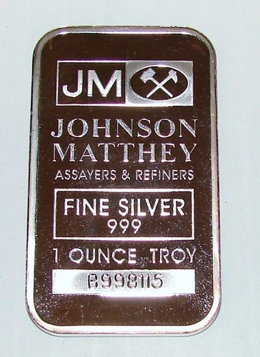 JM Johnson Matthey Vintage Silver Bar 1 OZ Troy Ounce .999 Bullion B998115