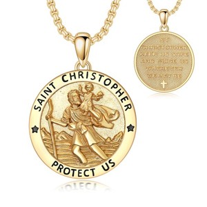 Authentic Gold Plated St Christopher Medal for Men 925 Sterling Silver Round St Christo...