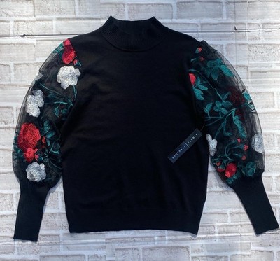 Absolutely Famous Mesh Sleeve Floral Embroidered Mock Neck Sweater - Size M