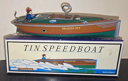 Vintage 1999 Schylling Tin Wind Up Dragon Fly Speed Boat MIB New w Box Speedboat