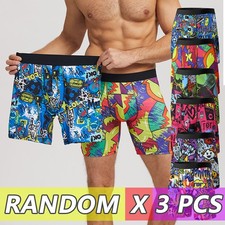 Men Print Underwear Boxer Shorts Long Leg Trunks COOL Soft Underwear 3/6 Pack