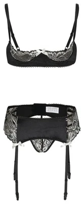 HO-ERSOKA Damen Dessous-Set 3tlg. mit Spitze Unterbrust BH Strapsgürtel Slip sexy schwarz