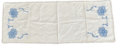 Vtg Table Runner 33x13 Embroidered Blue Flowers Crochet Trim Linen