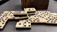 Antique 19thC Hand Carved Bone Ebony Brass Pins Domino Set With Box 28 Pieces