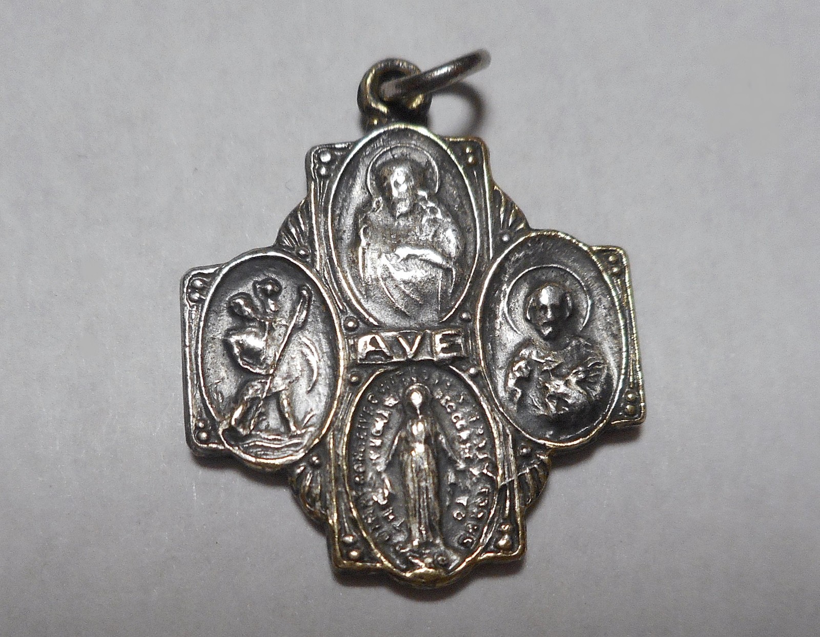 Vintage Four Way Cross Medal Silvertone Catholic Religous Medal
