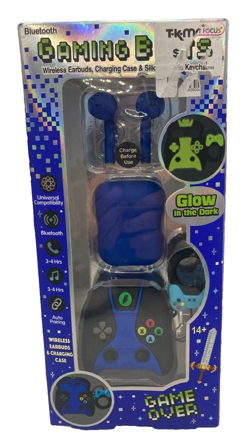 Wireless Gaming Earbuds with Charging Case and Blue Keychain