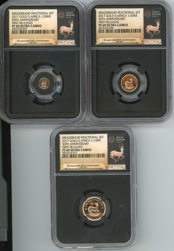 2017 FRACTIONAL KRUGERRAND 3-COIN GOLD SET 50th ANNIV. FIRST RELEASES NGC PF69
