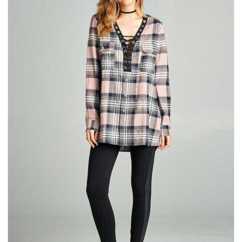 Women's Long Sleeve V-Neck Lace Up Front Flannel Plaid Top Shirt S M L - Picture 25 of 37