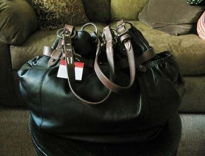 REVISION!  HOBO INTERNATIONAL BLACK LEATHER PURSE BROWN STRAPS DUSTBAG SATCHEL