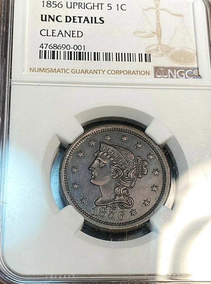1856 Upright 5 Large Cent NGC Unc. Details Cleaned (EAC 64) Beauty Some Red CHN - Image 2 of 4