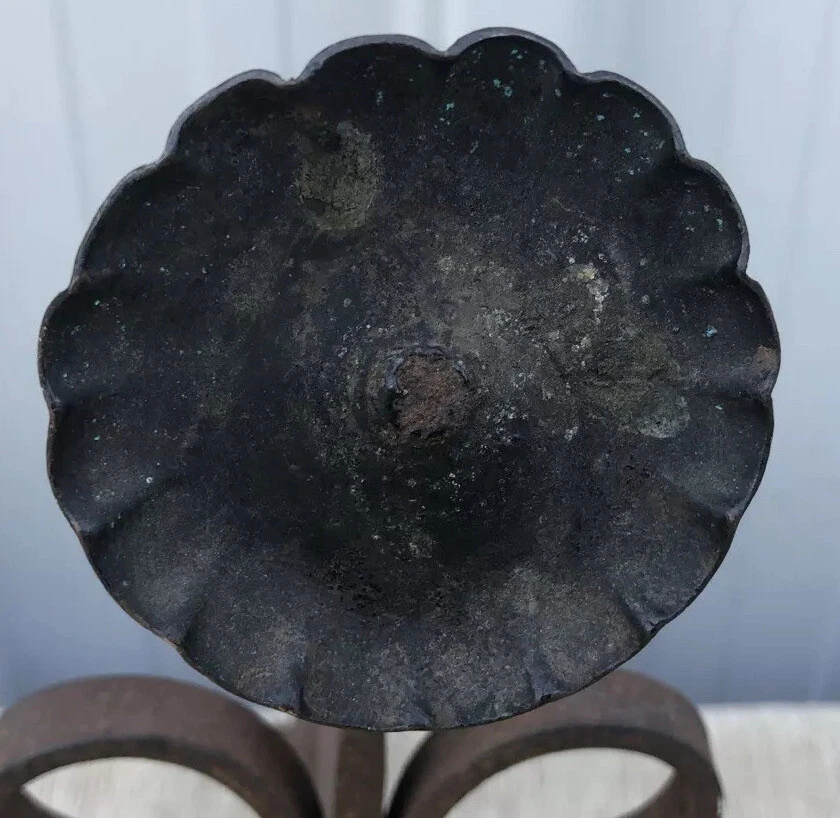 "Par de andirrones antiguos de girasol de hierro y cobre 16"" X 11"" X 9" Foto 3 de 4